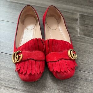 Gucci Red Suede Fringe Marmont Flats with Gold GG